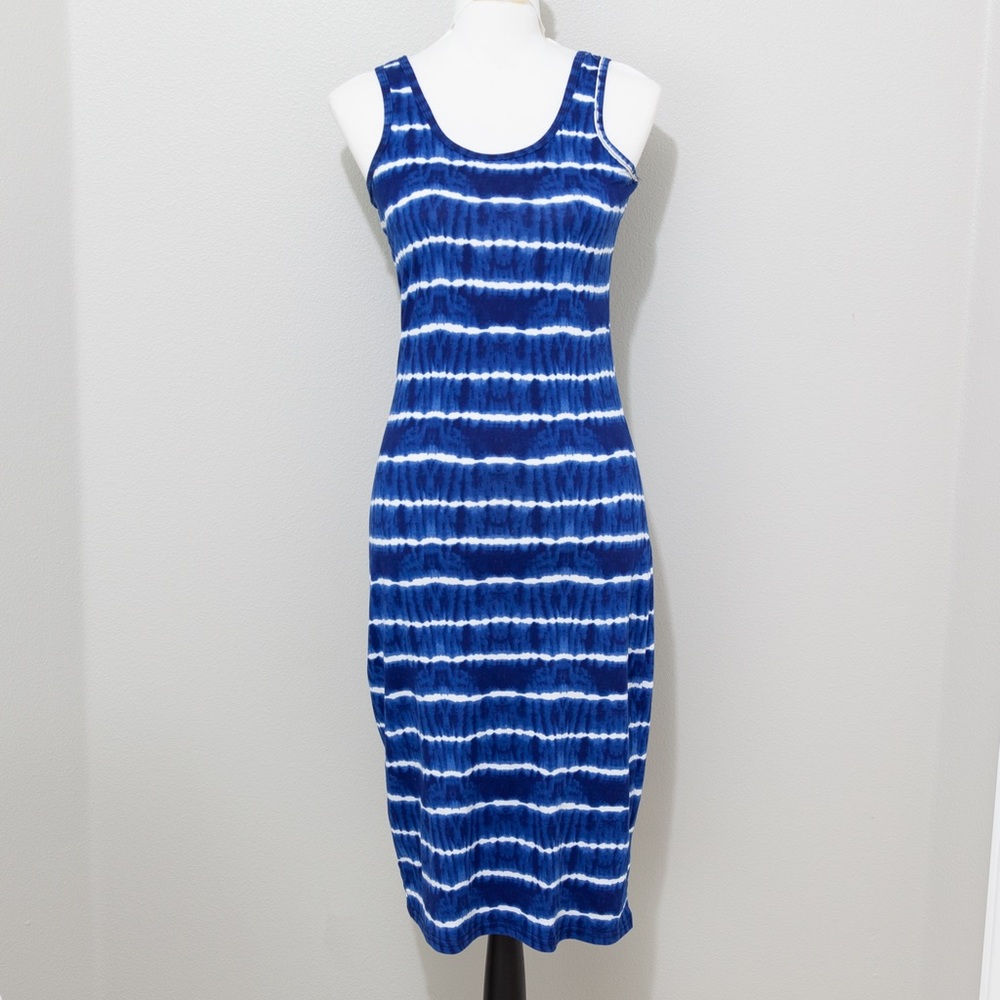 Doublju Women's Blue & White Striped Tie Dye Fitted Tank Midi Dress Size Medium